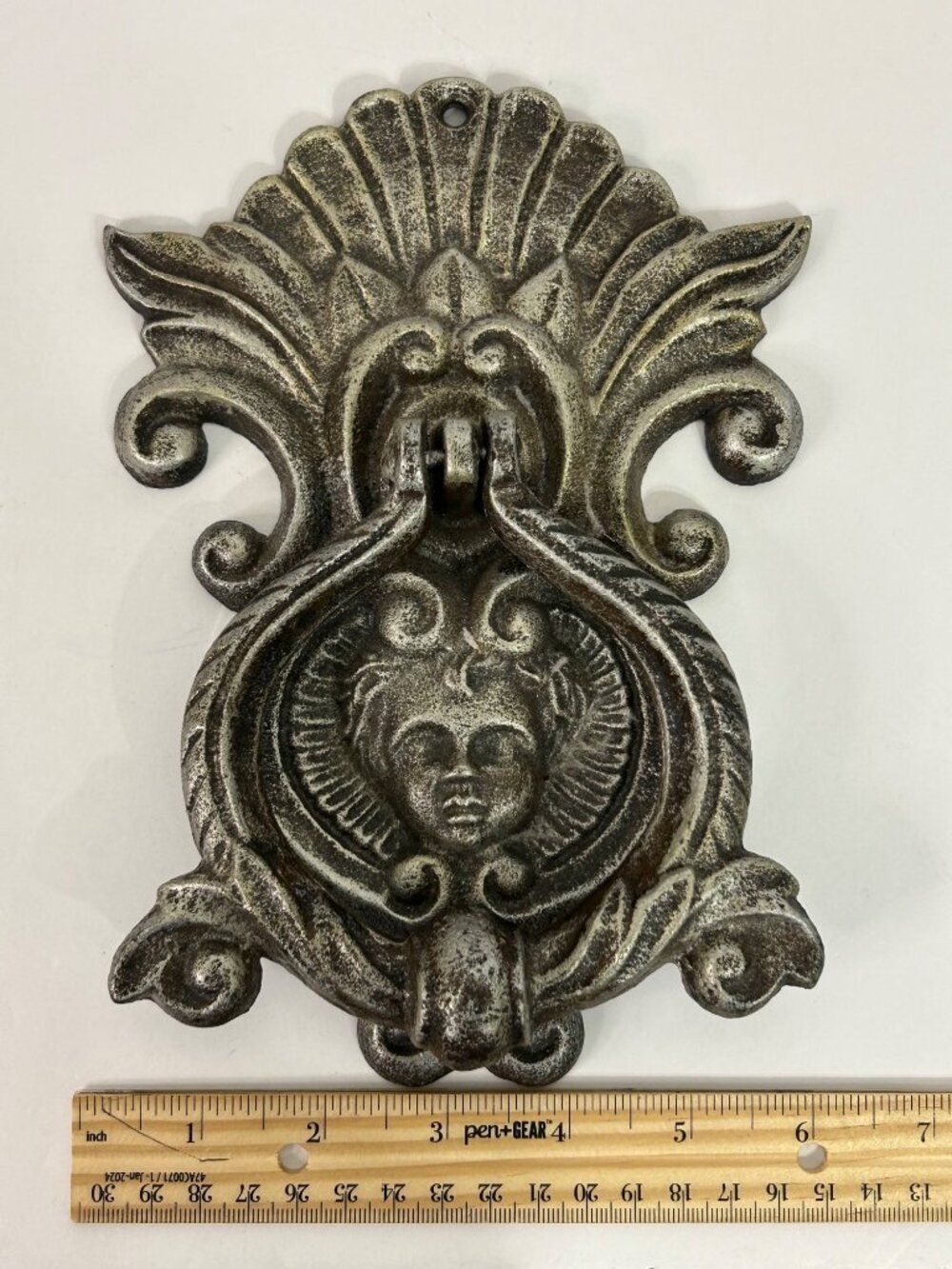 Fancy Antique-Style Cast Iron Door Knocker Cherub Design Ornate Scrollwork Heavy - Picture 4 of 5
